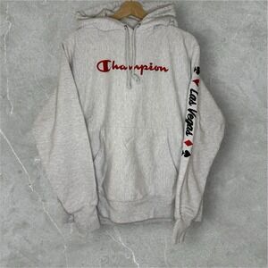 Champion Reverse Weave Hoodie Medium Gray Las Vegas Spellout Graphic Sleeve